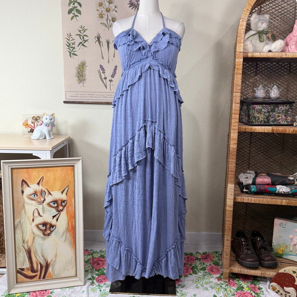 Free People Blue Santa Luz Maxi Dress Romantic Ethereal Beach Coastal Boho S M
